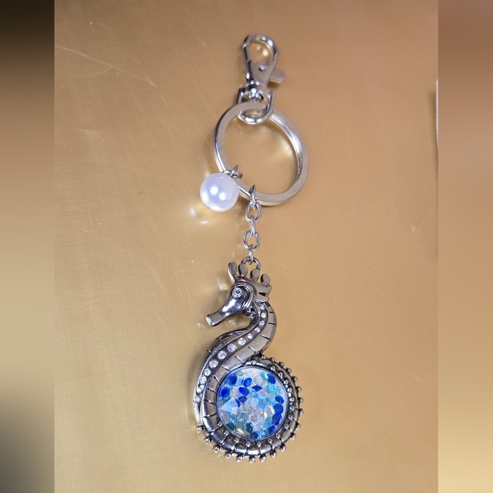Silver Tone Vtg Seahorse Keychain/ Bag Charm  with Blue Crystal Accents - Picture 7 of 17